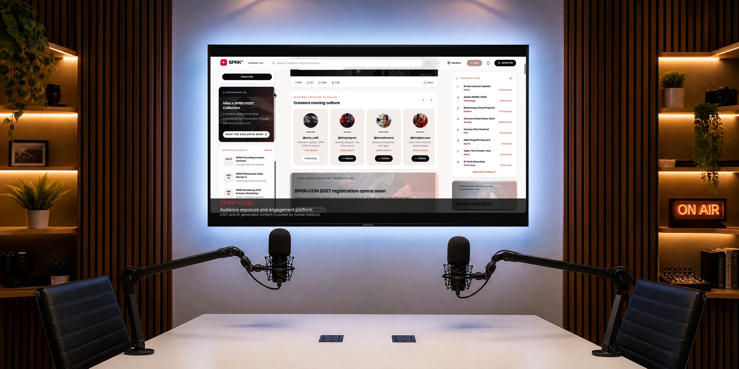 Professional podcast studio with acoustic panels and dual microphone setup